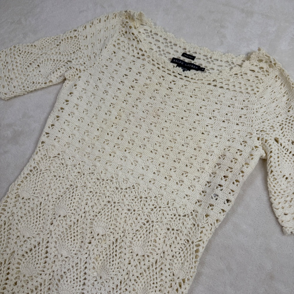 Ralph Lauren Hand Knit Crochet Dress Cream Ivory Cotton Italian Yarn Womens M